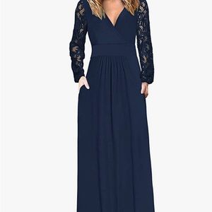 Women's Lace Long Sleeve Maxi Dress V Neck Wrap Waist